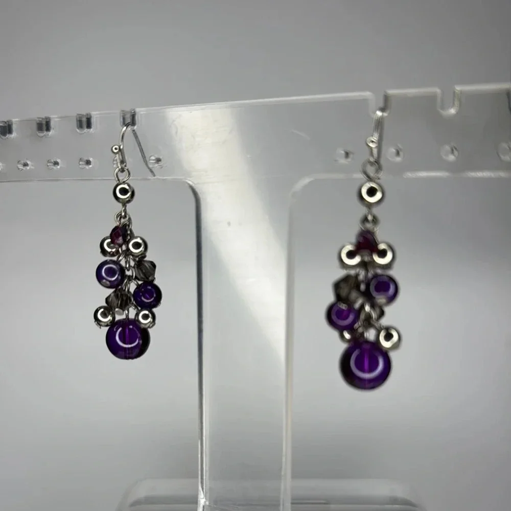 Purple and Silver Cluster Drop Earrings
